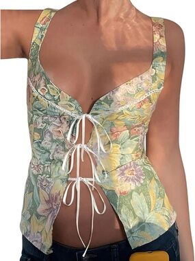 Floral Tie Front Tank Top Sweetheart Neck Y2K Style Size S NEW
